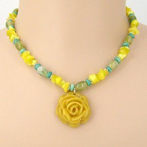Yellow Jade Flower Beaded Necklace, Adjustable 16.5" to 20"